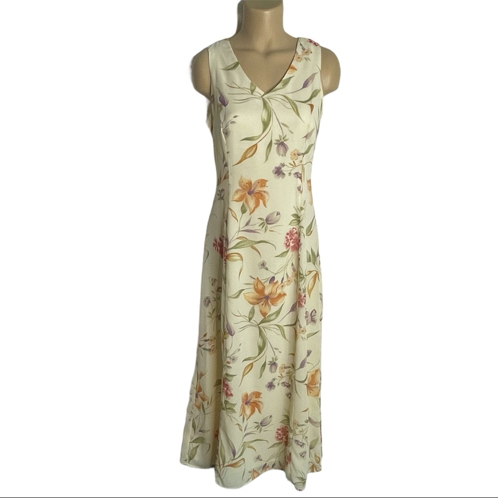 DJI Maxi Dress with Matching Scarf V-Neck Yellow Floral Size 6